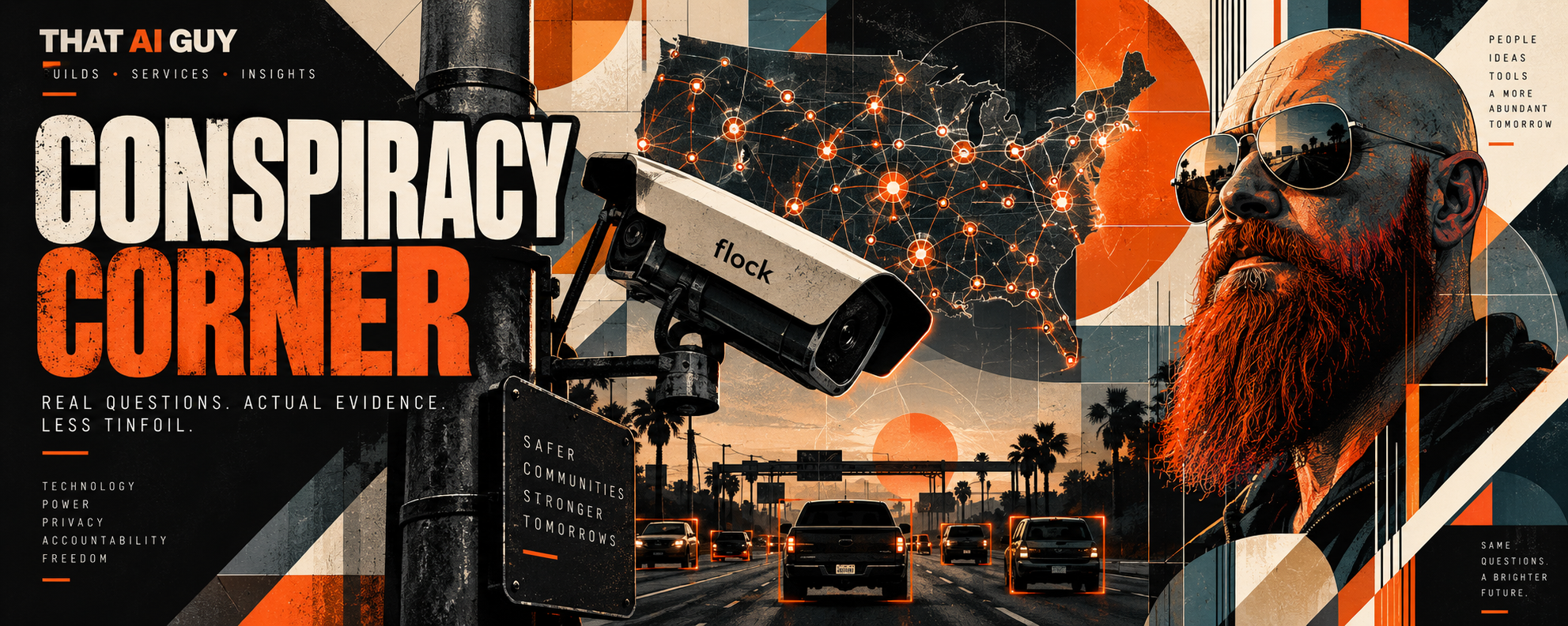 Conspiracy Corner Issue 001 artwork featuring a Flock camera and a network map of the United States.